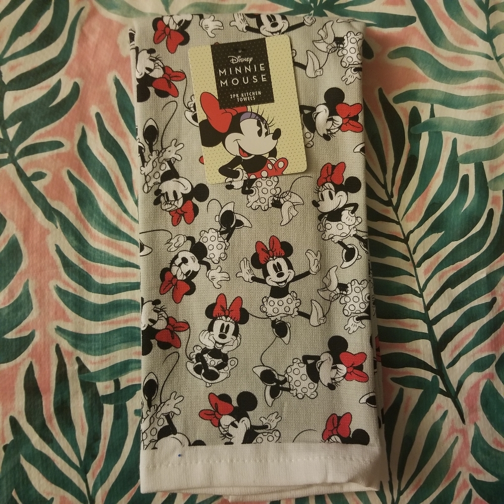 2 Pack Disney Minnie Mouse Kitchen Towels Hand Towel Grey Cute Red Bow NWT